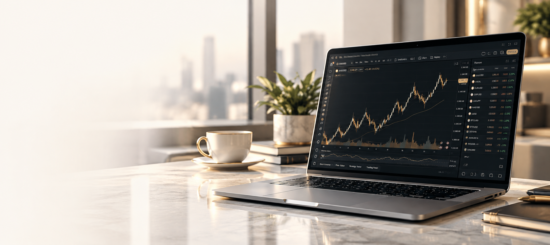 Laptop displaying a live trading chart on a desk